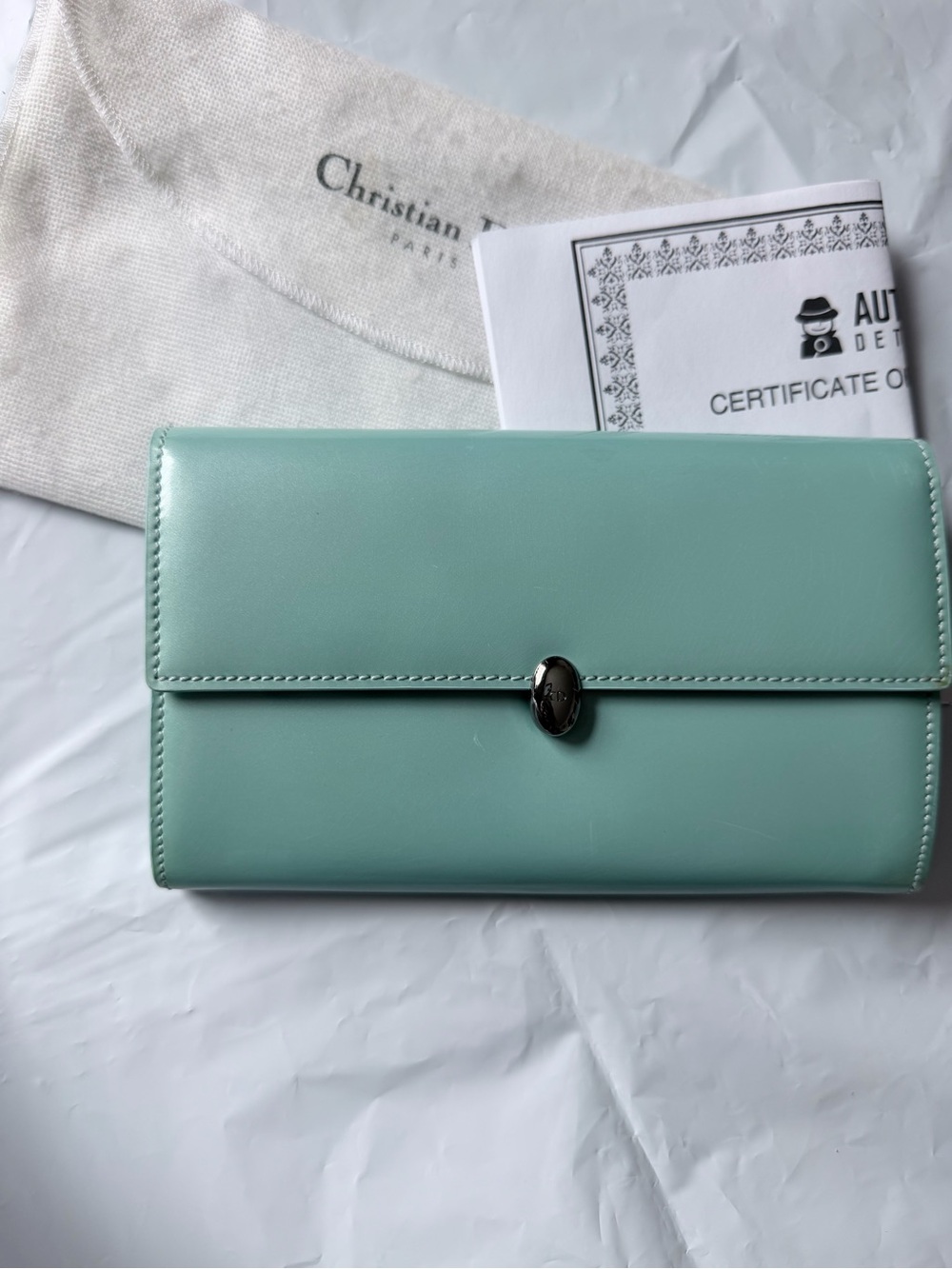 Vintage Christian Dior Mint Green Leather Envelope Clutch Wallet w/ COA
